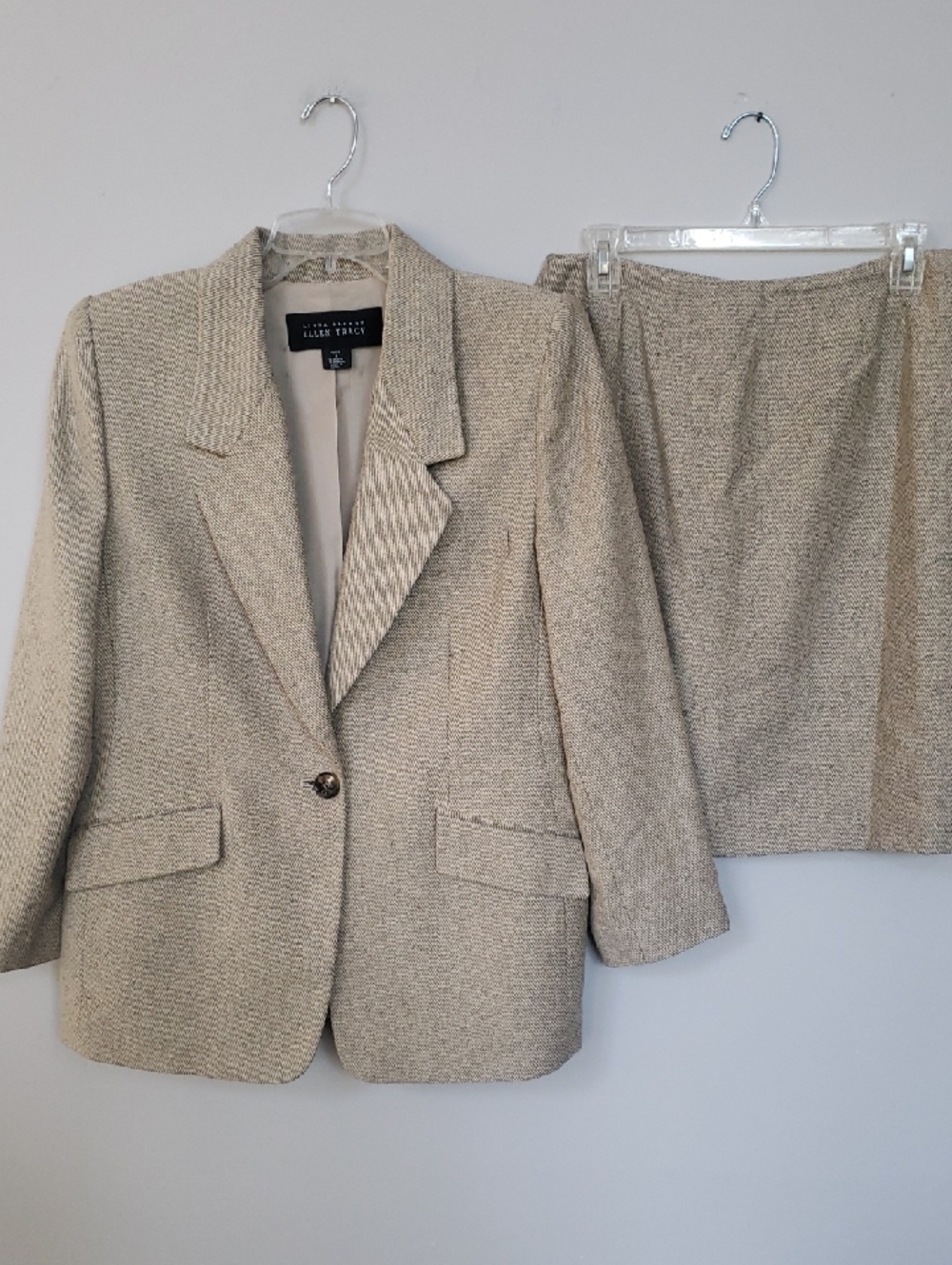 Ellen Tracy Suit Women's 12P Silk Wool Heathered Tweed Blazer & Skirt Neutal Vtg